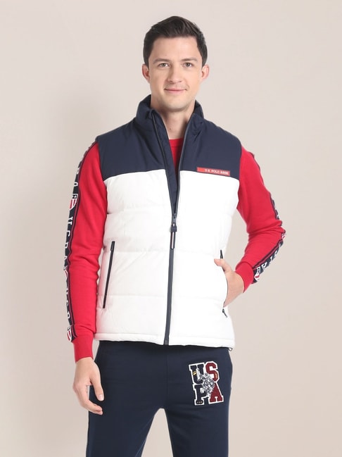U.S. Polo Assn. White And Navy Regular Fit Colour Block Jacket