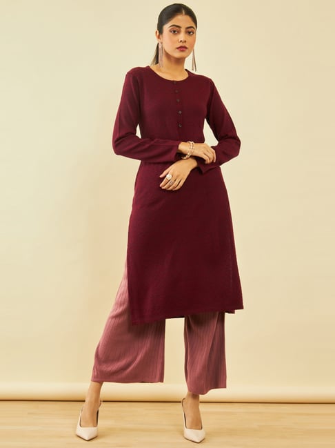Soch Maroon Acrylic Patterned Knit Winter Straight Kurta with Pocket