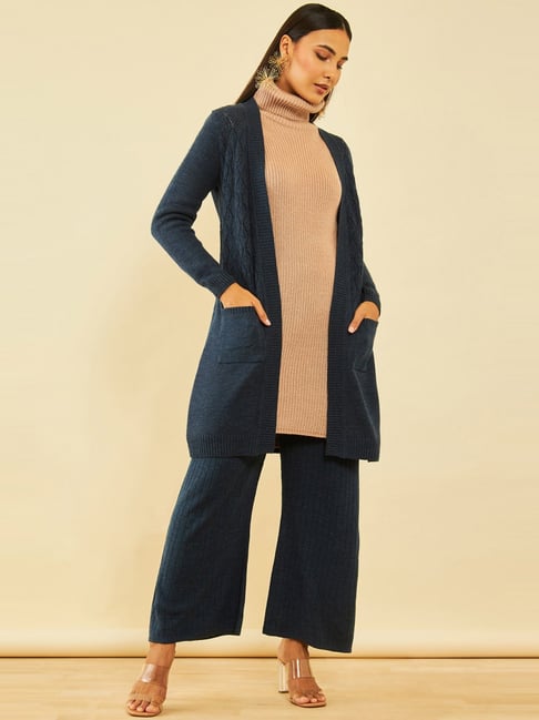 Soch Navy Blue Acrylic Pointelle Knit Open-Front Longline Shrug with Pockets - Main Image