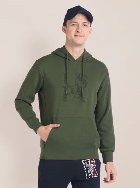 U.S. Polo Assn. Olive Cotton Regular Fit Printed Hooded Sweatshirt