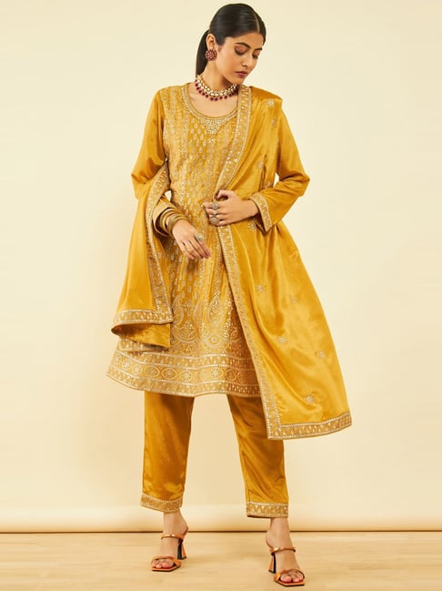 Soch Mustard Silk Blend Floral and Sequin Embroidered Anarkali Suit Set