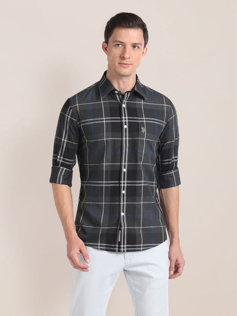 U.S. Polo Assn. Black Cotton Regular Fit Checks Shirt