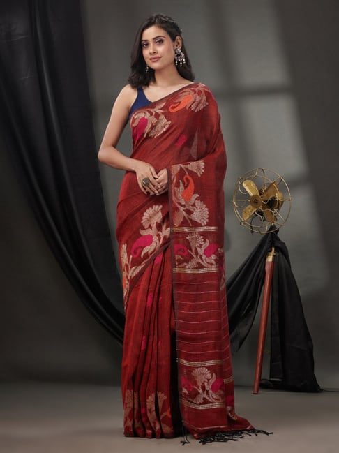 Handloom Brick Red Kora Silk Saree With Kadhwa Booti – WeaverStory