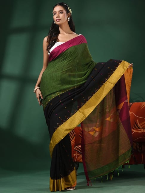 Black and green khadi weaving saree – Silk Ethnics