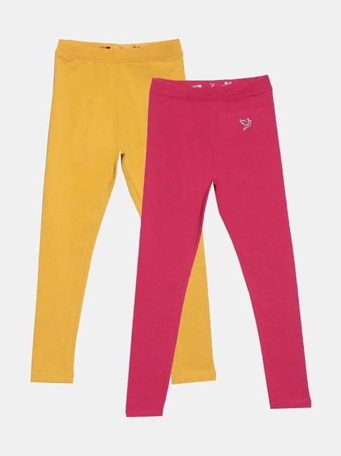 TWIN BIRDS Kids Yellow & Pink Cotton Regular Fit Leggings (Pack of 2)-picture-40