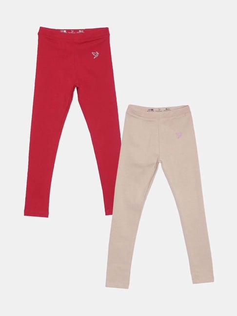 Lyra Kids Beige & Red Skinny Fit Leggings (Pack of 2)