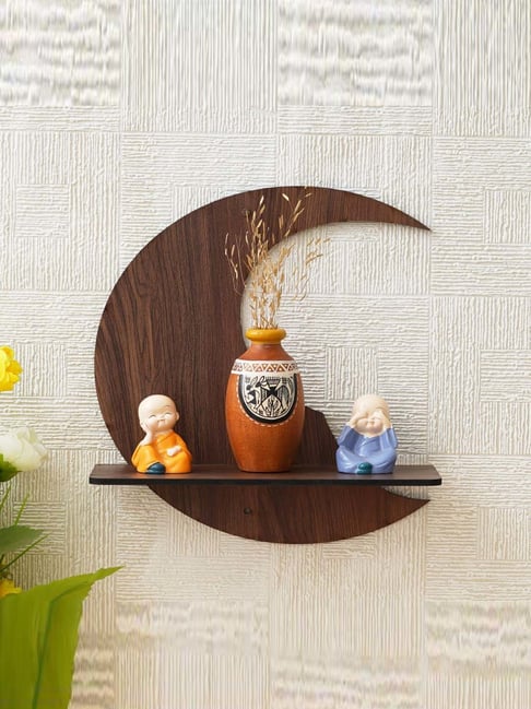 eCraftIndia Brown Wooden Moon Shape Designer Wall Shelf