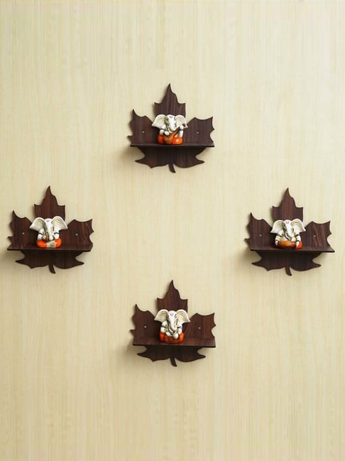 eCraftIndia Brown Wooden Leaf Shape Designer Wall Shelves - Set of 4-picture-37