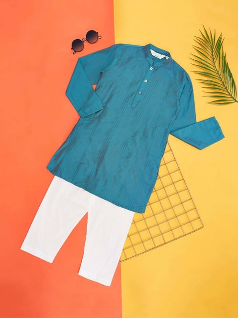 Indus Route by Pantaloons Kids Teal Blue & White Cotton Embroidered Full Sleeves Kurta Set-picture-13