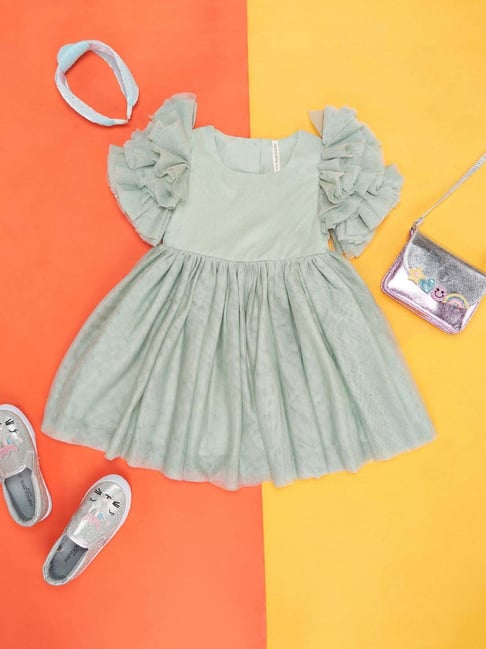 Pantaloons Junior Kids Green Cotton Self Pattern Dress-picture-26