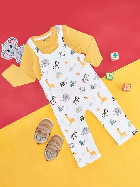 Pantaloons Baby Kids Yellow & White Cotton Printed Full Sleeves Dungaree Set-picture-33