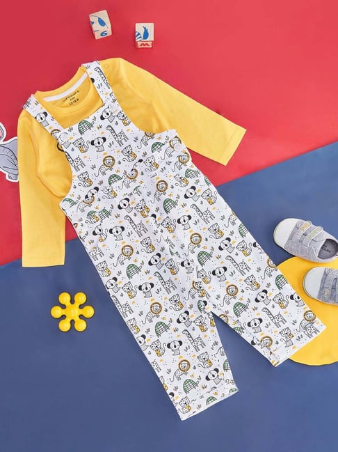 Pantaloons Baby Kids Yellow & White Cotton Printed Full Sleeves Dungaree Set-picture-34