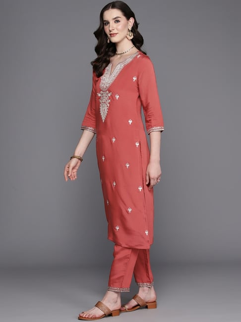 Indo Era Rust Embroidered Kurta Pant Set With Dupatta