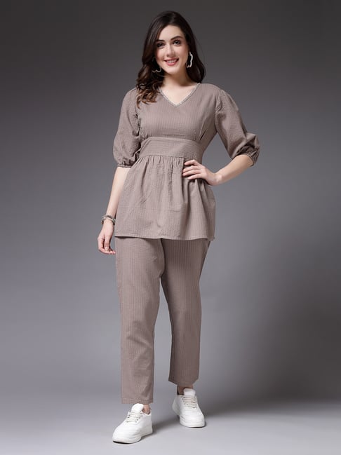 Stylum Beige Cotton Embroidered Top & Pant Set