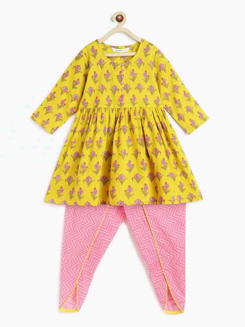 Campana Kids Yellow & Pink Floral Print Kurta with Dhoti-picture-10