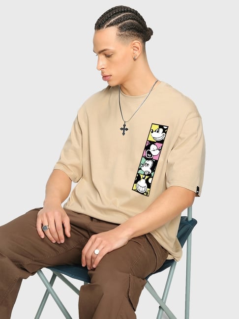 Bewakoof Men's Brown Mickey Faces Graphic Printed Oversized T