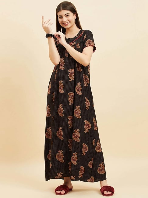 Lacy Dreams - Floral Printed Night Gown - Black