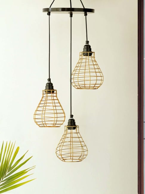 ExclusiveLane Golden Iron Bird Nest' Handcrafted Chandelier With Hanging Lamp (3 Shades)