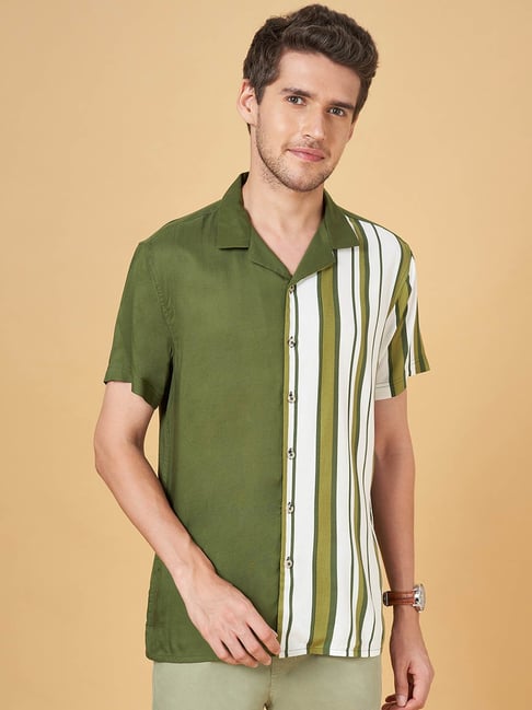 Urban Ranger by Pantaloons Green Cotton Slim Fit Striped Shirt-picture-30