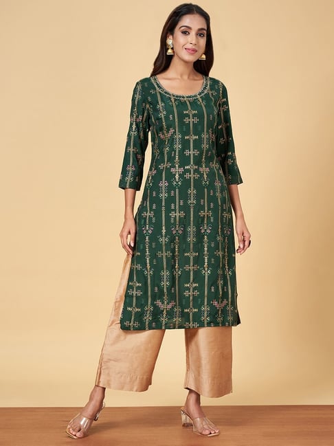 YU by Pantaloons Green Printed Straight Kurta-picture-37