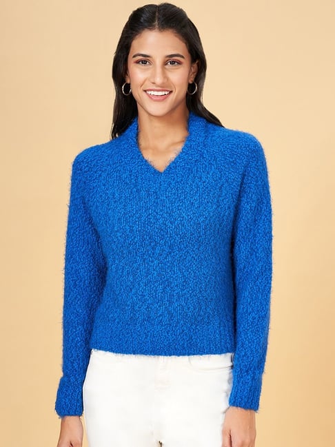 People by Pantaloons Blue Self Pattern Sweater-picture-29