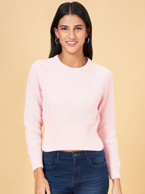 People by Pantaloons Pink Self Pattern Sweater