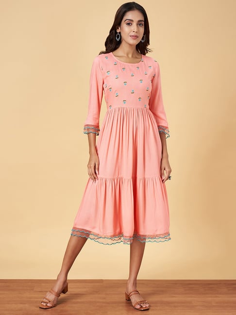 Rangmanch Women Embroidered Peach Dress - Selling Fast at