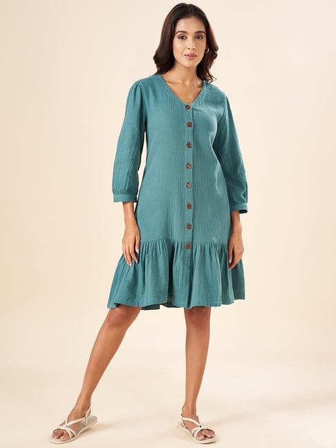 Akkriti by Pantaloons Blue Cotton Self Pattern A-Line Dress-picture-37