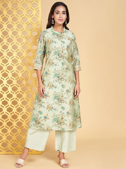 RANGMANCH BY PANTALOONS Teal Blue Embroidered Ethnic Midi Dress