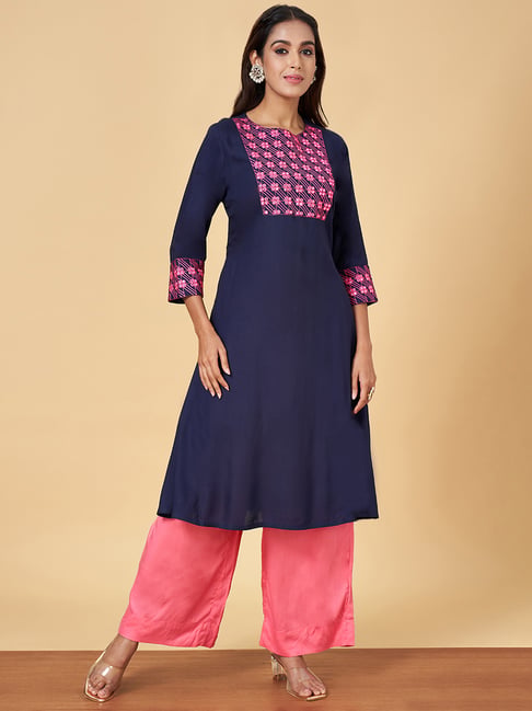 YU by Pantaloons Navy Embroidered A Line Kurta-picture-16