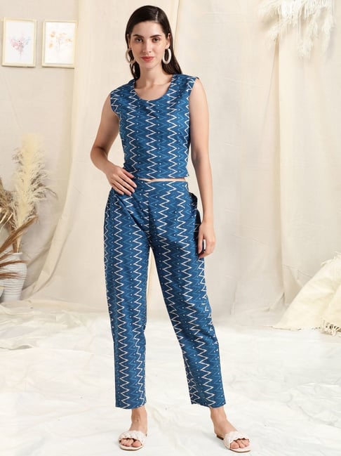 MIRCHI FASHION Blue Cotton Printed Top Pant Set With Jacket