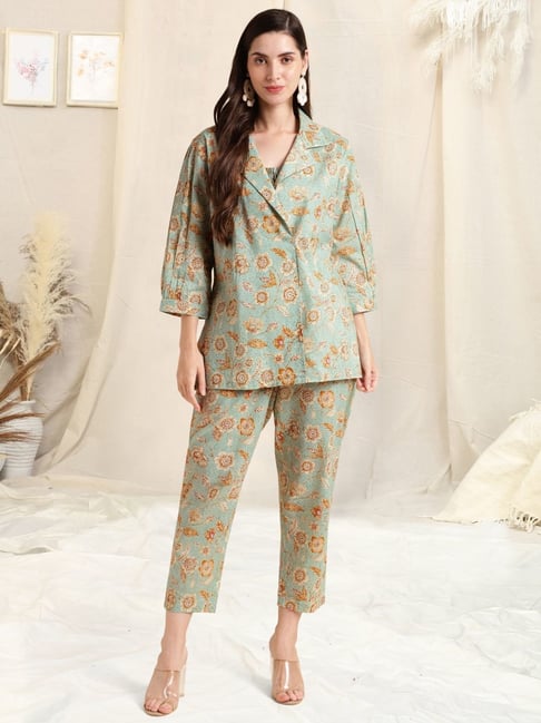 MIRCHI FASHION Green Cotton Printed Top Pant Set With Jacket