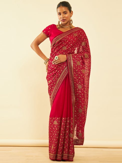 Soch Fuchsia Chiffon Zari Embroidered Saree with Stonework