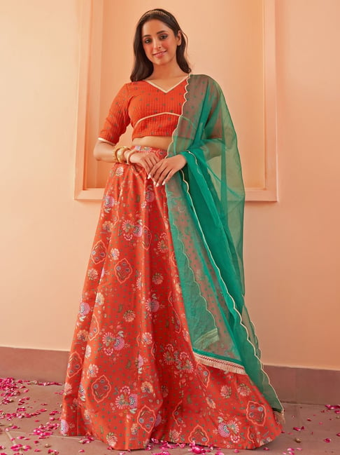 Emerald Green Wedding Lehenga Choli with Pink and Orange Embroidery –  Panache Haute Couture