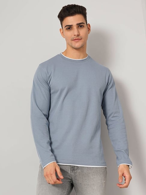 celio* Greyish Blue Regular Fit Cotton Crew T-Shirt