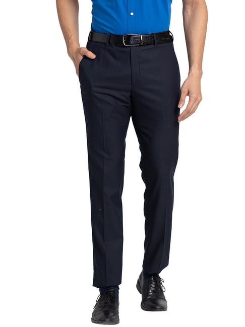 Raymond Navy Slim Fit Check Flat Front Trousers-picture-32