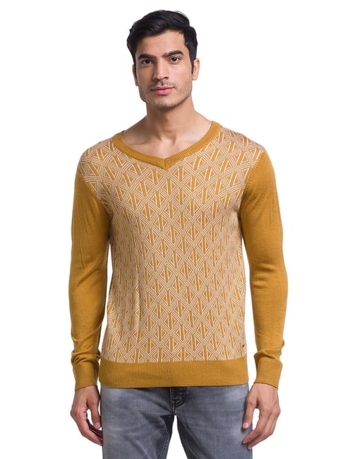Parx Yellow Regular Fit Self Design Sweater