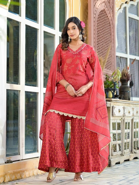 Buy Magenta And Coral Pink Shaded Palazzo Suit With Bandhani Print And  Chevron Dupatta Online - Kalki Fashion