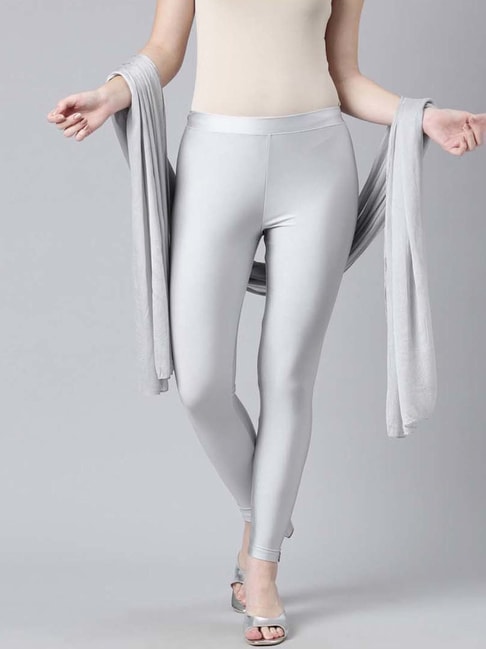 Buy TWIN BIRDS Silver Mid Rise Leggings With Dupatta for Women