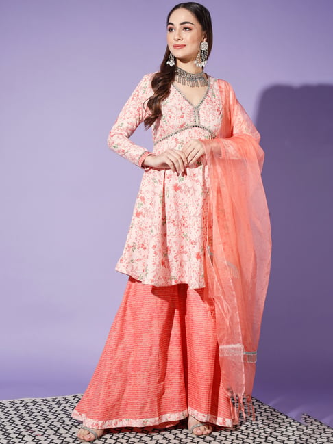 Cation Peach Floral Print Kurta With Sharara & Dupatta