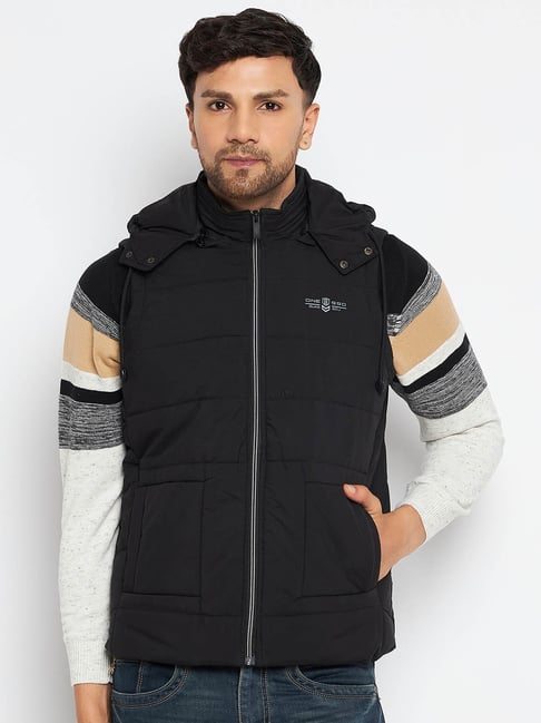 Duke Black Slim Fit Quilted Hooded Jacket-image-34