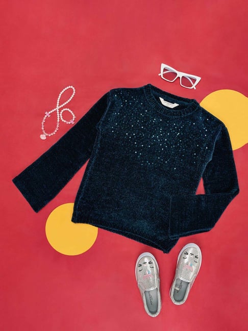 Pantaloons Junior Kids Teal Blue Cotton Embellished Full Sleeves Sweater-picture-32