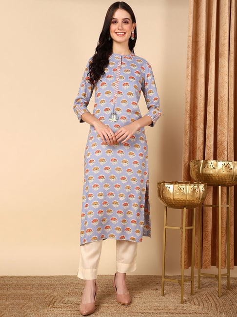Vaamsi Blue Cotton Floral Print Straight Kurta-picture-11