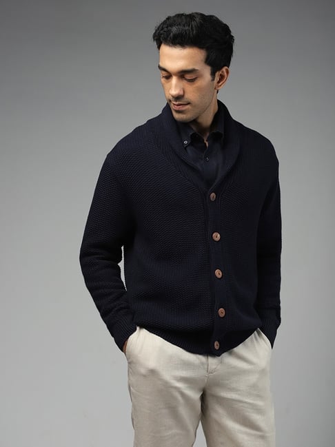 Ascot by Westside Solid Navy Blue Relaxed Fit Cardigan
