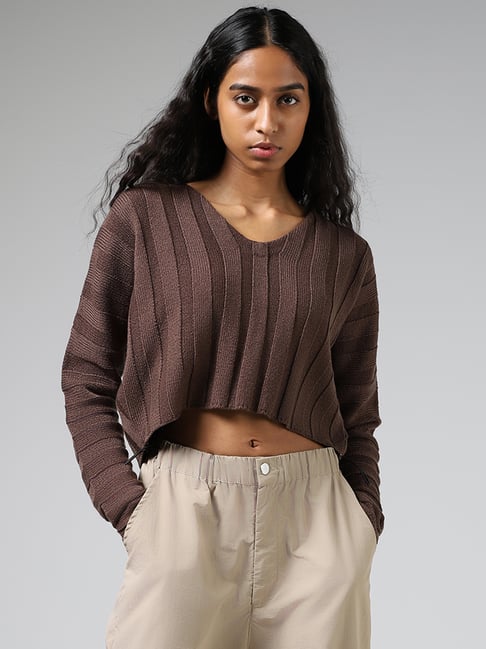 Nuon by Westside Dark Brown Self-Striped Crop Sweater