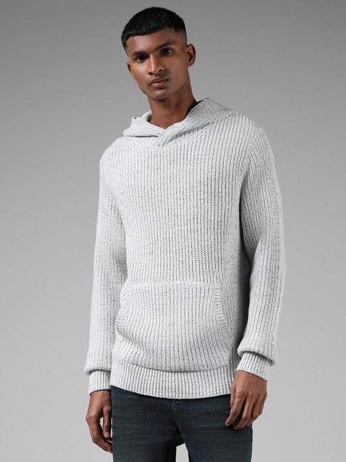 Nuon by Westside Light Grey Relaxed Fit Knitted Hoodie
