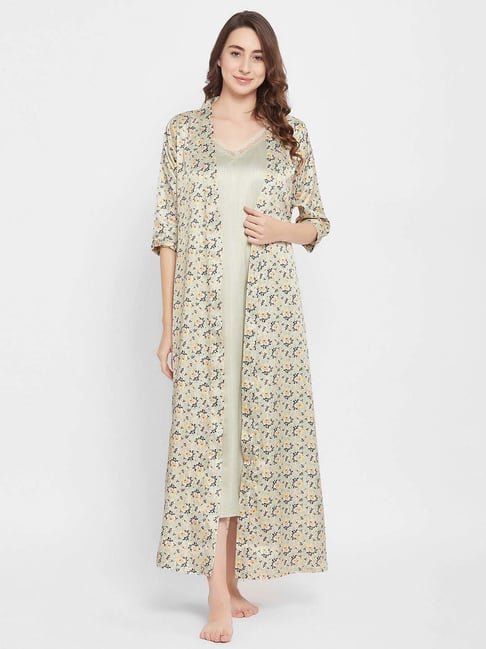 Clovia Green Floral Print Nighty With Robe
