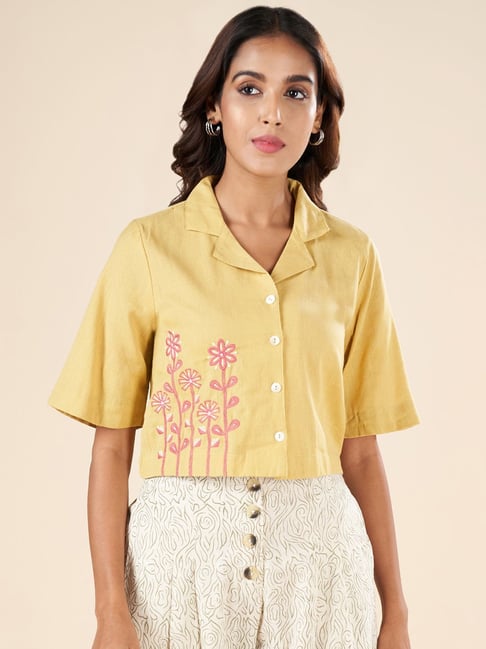 Akkriti by Pantaloons Mustard Cotton Embroidered Shirt-picture-28