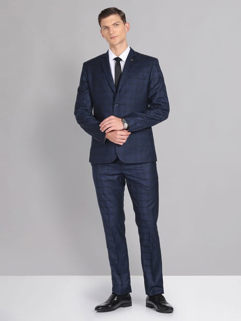 AD by Arvind Dark Blue Regular Fit Check Two Piece Suit-picture-15