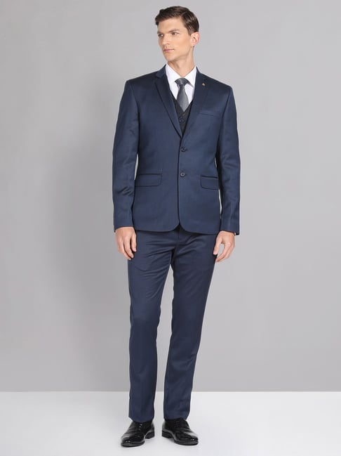 AD by Arvind Navy Regular Fit Textured Three Piece Suit